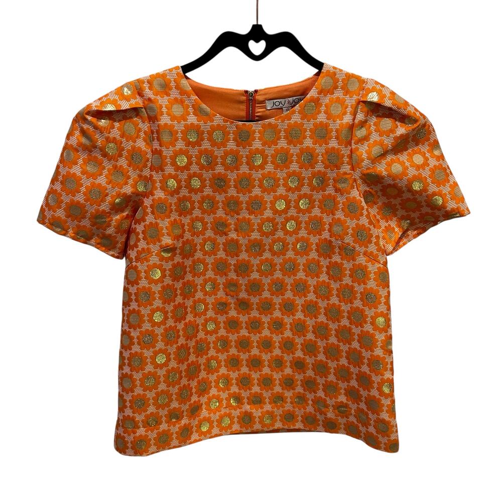 NWT Joy Joy Orange Daisy Gold Metallic Short Sleeve Zip Back Top Womens XS